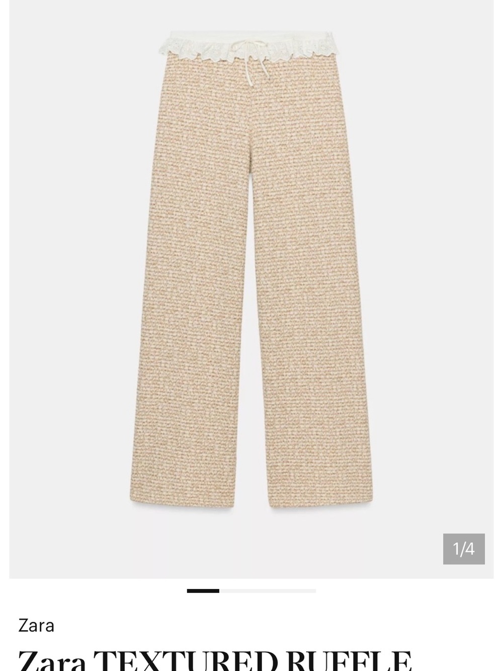 Zara Textured Wide-Leg Pants with Ruffle Waist - Beige